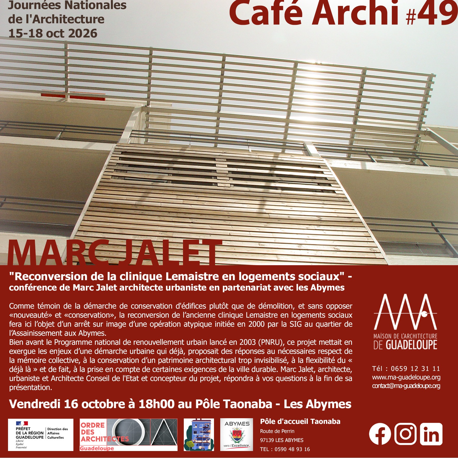 Vous consultez actuellement Café Archi #49 : conférence de Marc Jalet – vendredi 16 octobre au Pôle d&rsquo;Accueil Taonaba (Les Abymes)